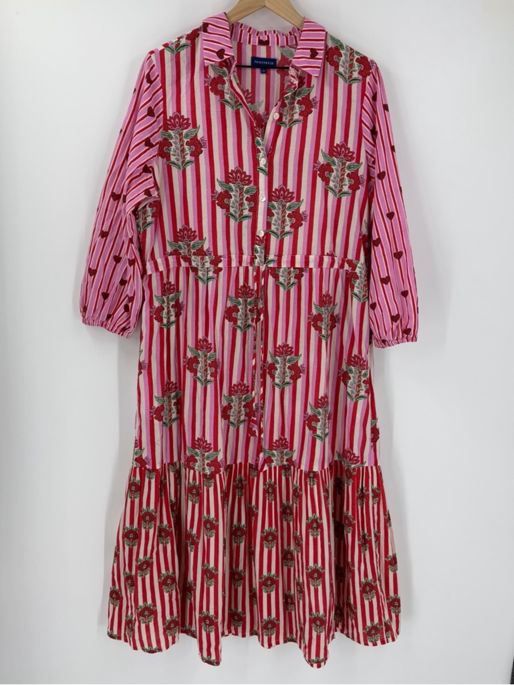 Printfresh Maison Dress Carnation Stripes Scarlet Petal L Feminine Hearts Midi - Picture 2 of 10